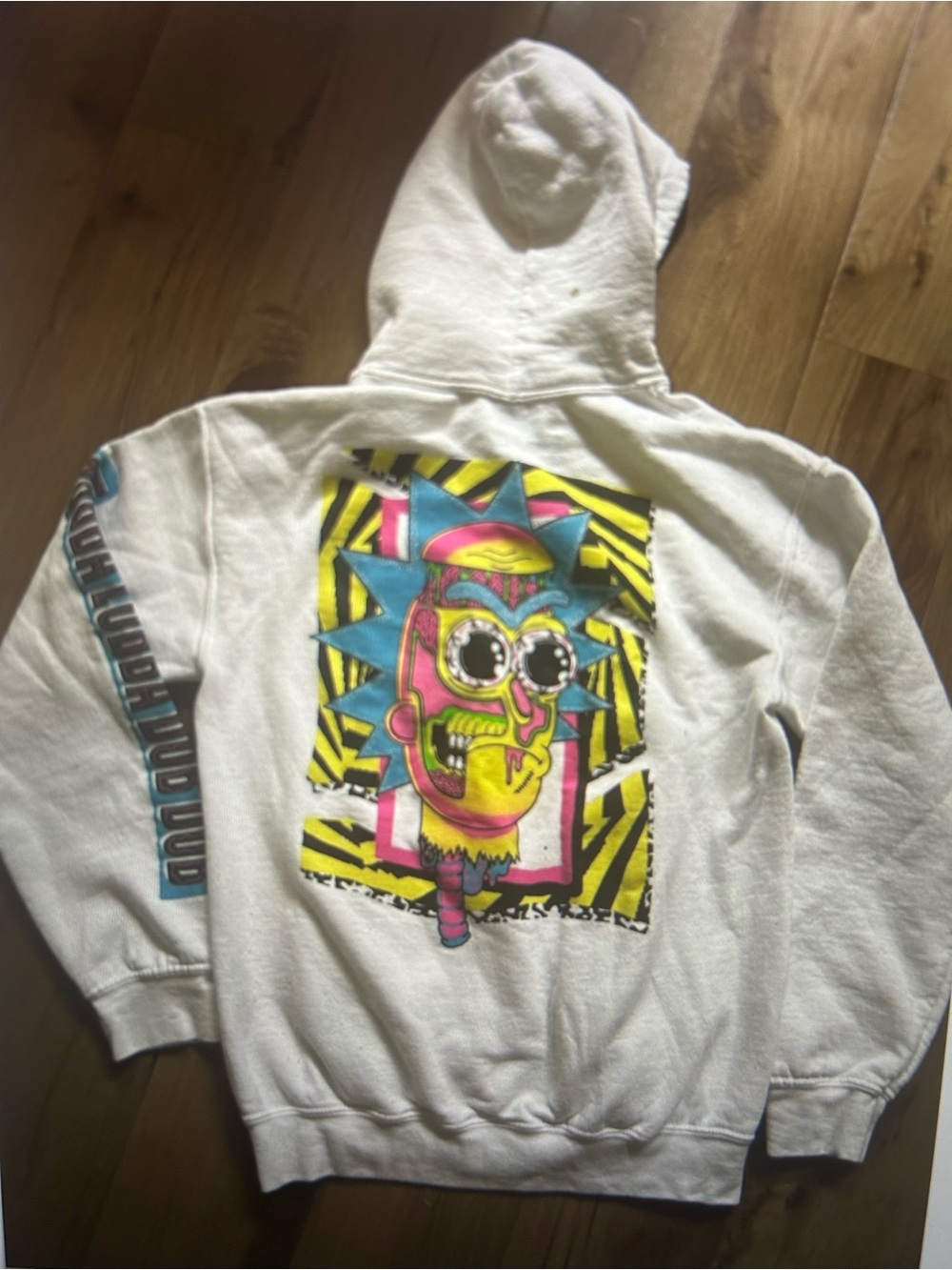 Men's White Graphic Hoodie with Neon Pop-Art Back